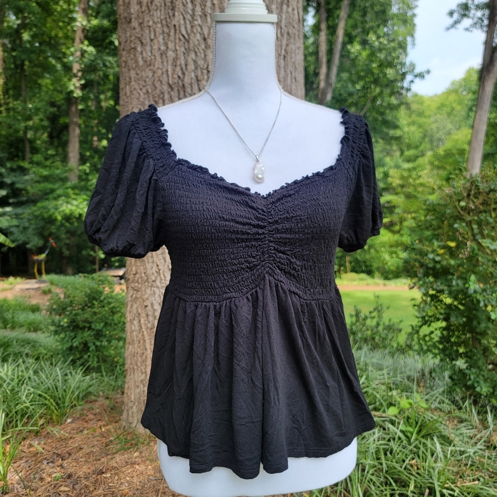 Boho Smocked Bust Babydoll Peplum Peasant Top Size X-Large